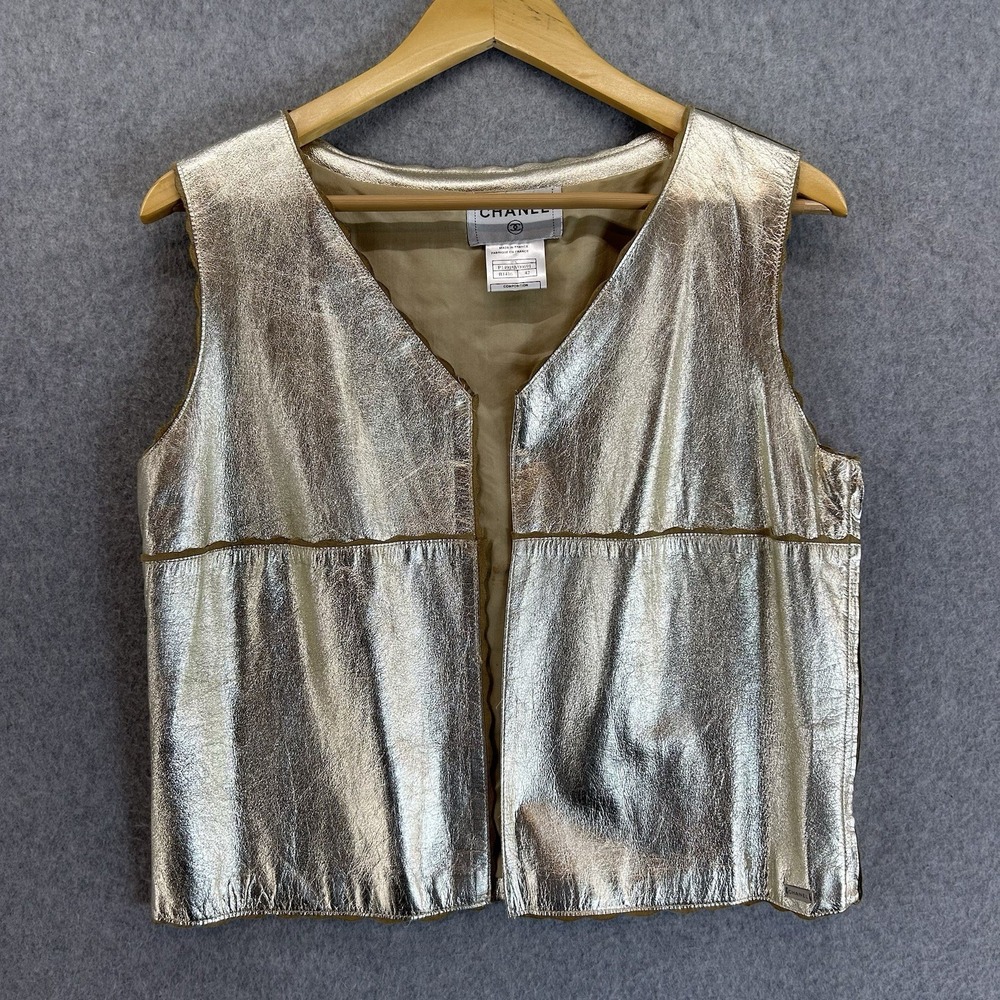 Chanel Size 42 Metallic Golf Goatskin Leather Open Front Vest Designer Authentic